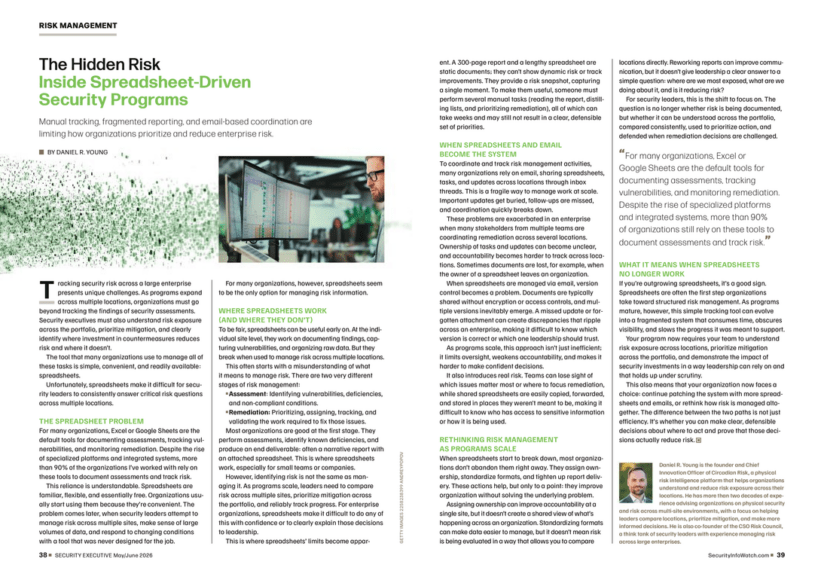 Two page spread of article from Security Executive
