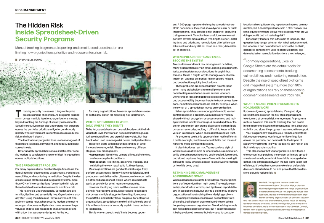 Two page spread of article from Security Executive