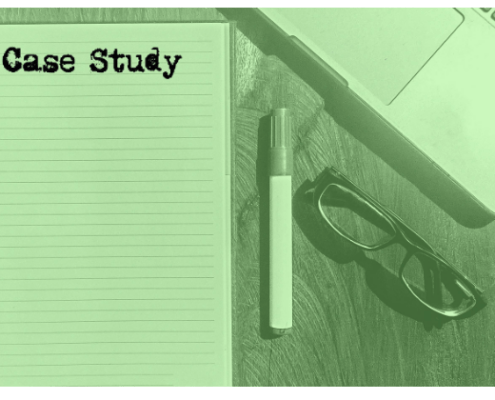 Notebook with Case Study printed on it on desk