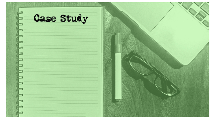 Notebook with Case Study printed on it on desk